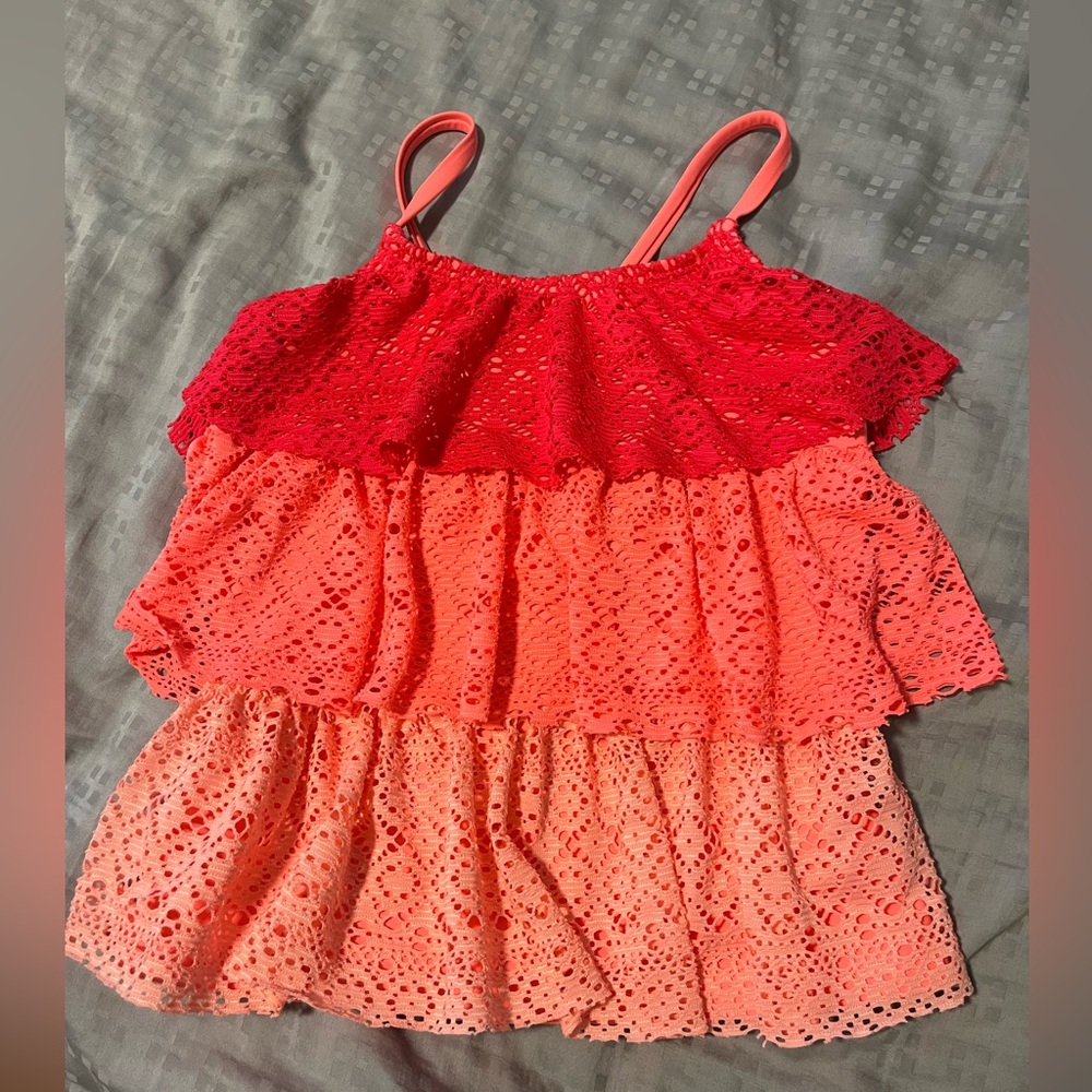 Coral Pink Tankini Swim Tank Top Eyelet Lace Tiered Ombré Criss-Cross Straps
